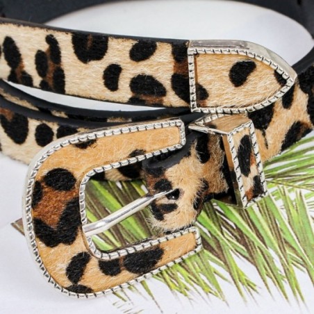 Cinto Feminino Animal Print Oncinha Em Camurça Fivela Prata
