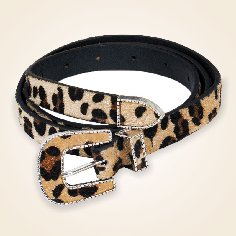 Cinto Feminino Animal Print Oncinha Em Camurça Fivela Prata