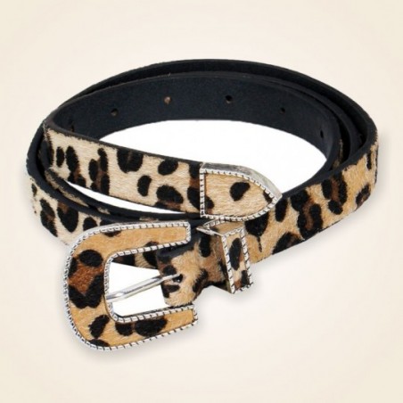Cinto Feminino Animal Print Oncinha Em Camurça Fivela Prata