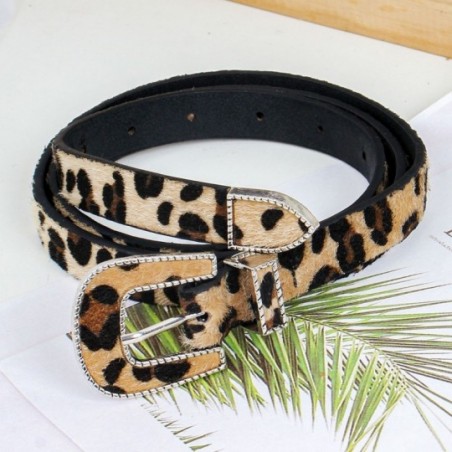 Cinto Feminino Animal Print Oncinha Em Camurça Fivela Prata