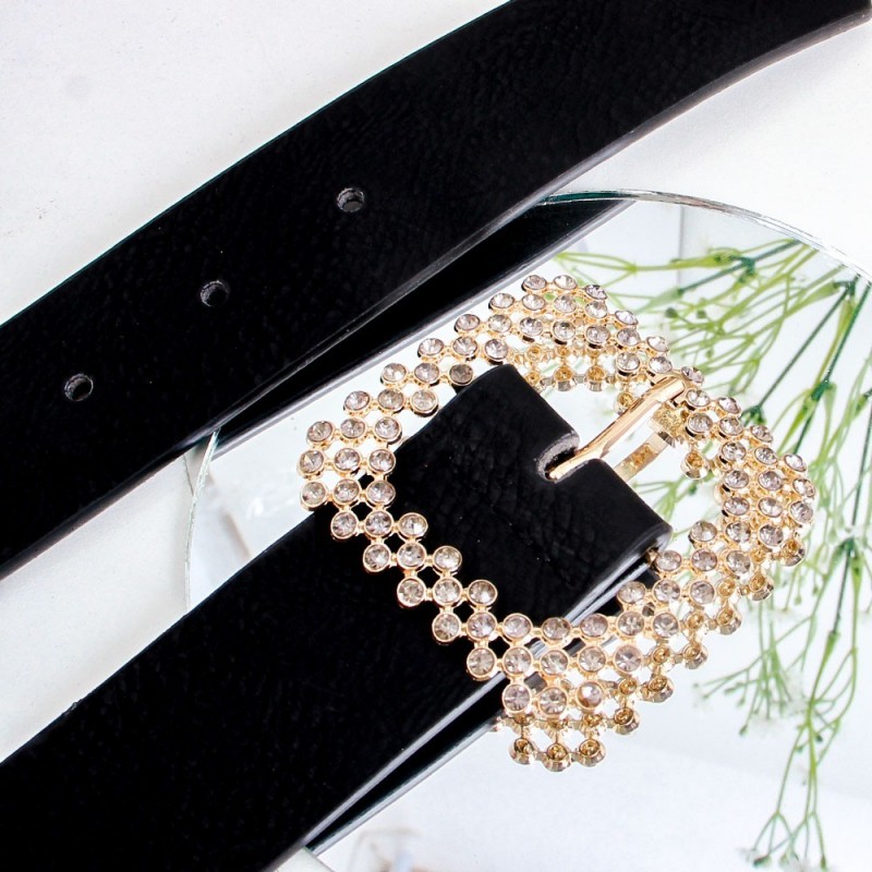Cinto Feminino Preto Com Fivela Dourada Em Strass