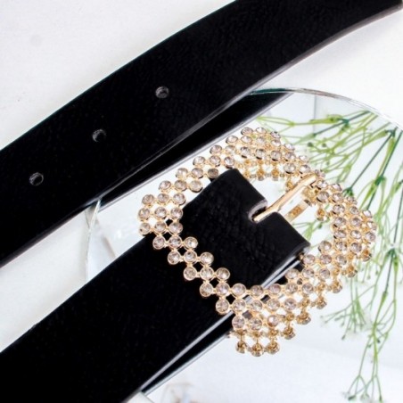 Cinto Feminino Preto Com Fivela Dourada Em Strass