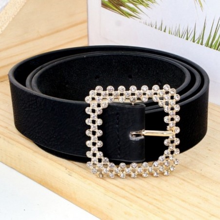 Cinto Feminino Preto Com Fivela Dourada Em Strass