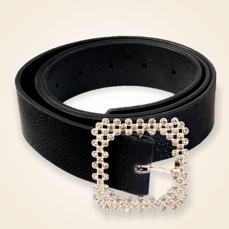 Cinto Feminino Preto Com Fivela Dourada Em Strass