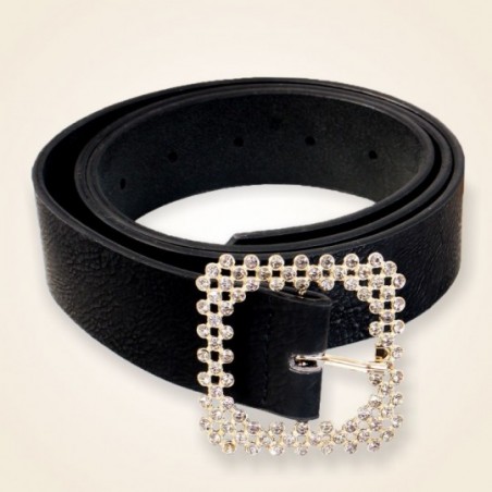 Cinto Feminino Preto Com Fivela Dourada Em Strass