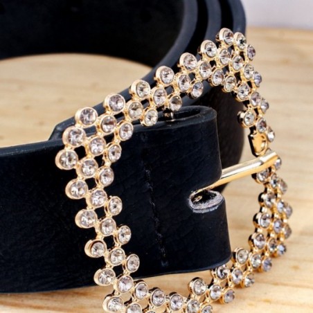 Cinto Feminino Preto Com Fivela Dourada Em Strass