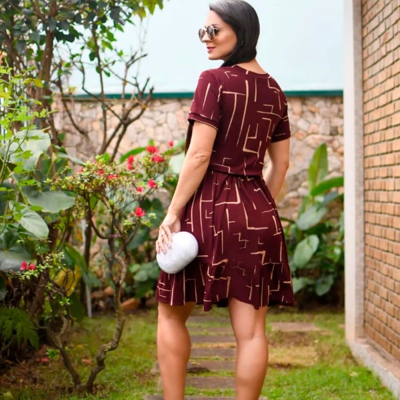 Vestido Feminino Rodado Com Cinto Manga Curta Estampa Variada