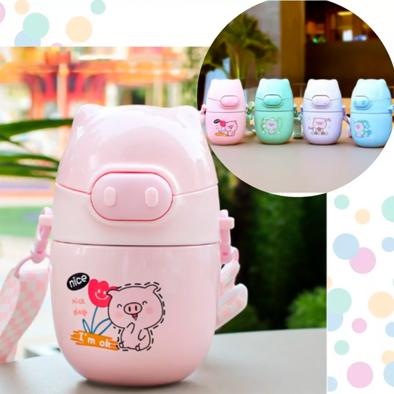 Garrafa Infantil Desenho Animado Com Canudo E Alça 350ml