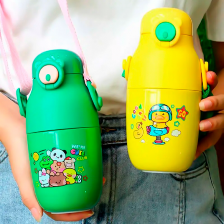 Garrafa Infantil Desenho Animado Com Canudo E Alça 350ml