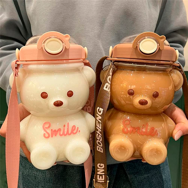 Garrafa De Água Em Forma De Urso Com Canudo E Alça Infantil