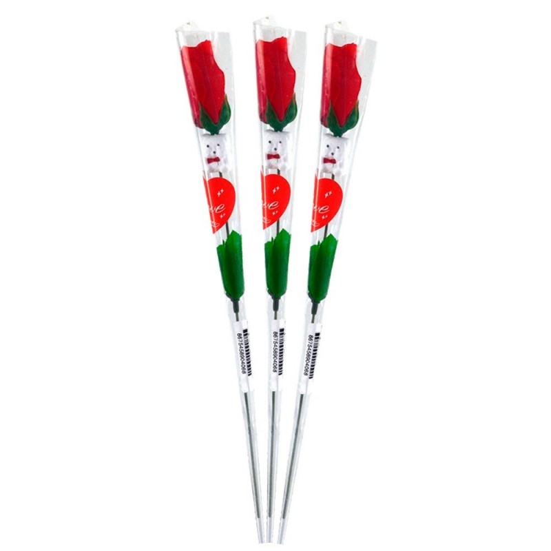 Kit 3 Rosas Flor Artificial Plástico Com Ursinho Vermelha