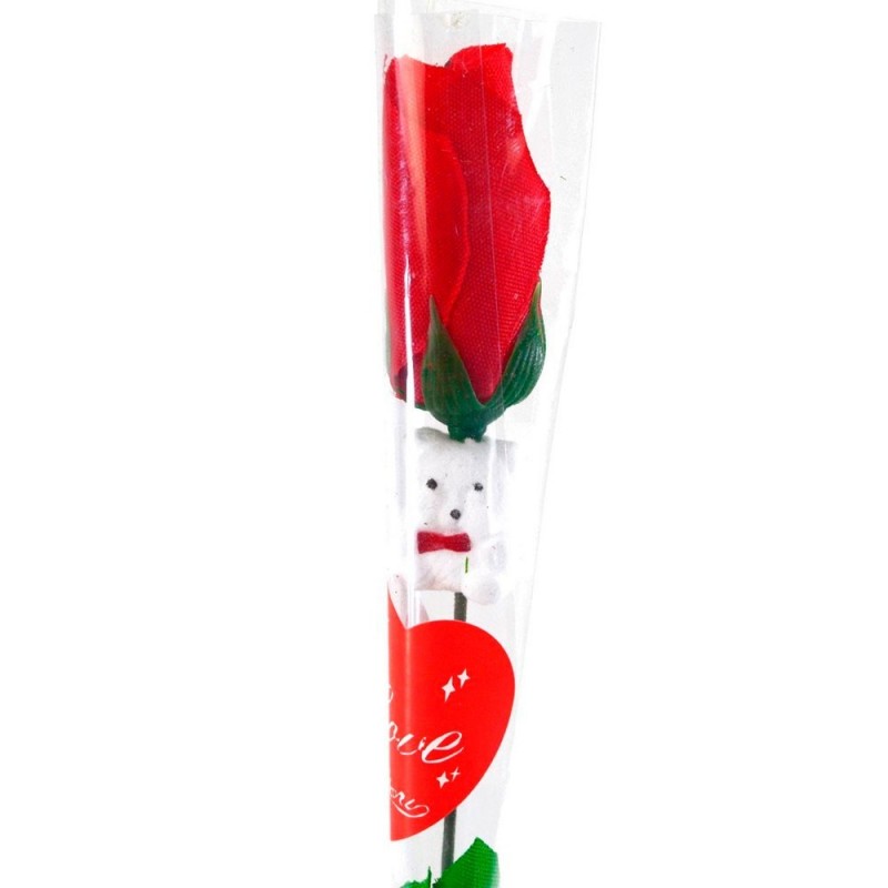 Kit 3 Rosas Flor Artificial Plástico Com Ursinho Vermelha