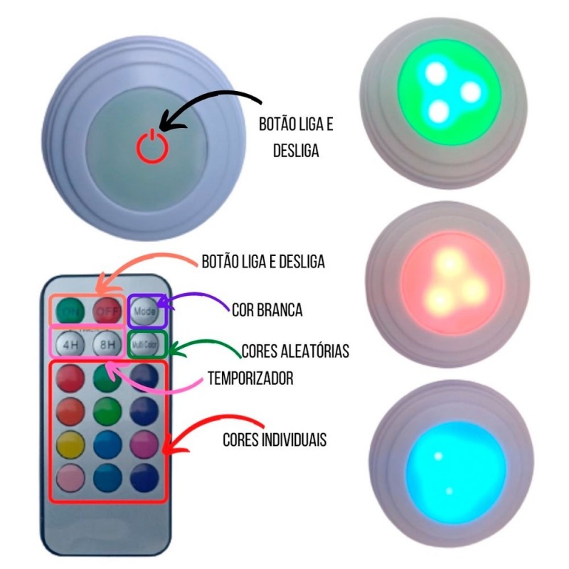 3 Spots Luminárias Lâmpadas Redondas Sem Fio Led Coloridas