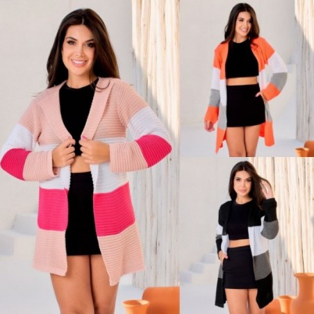 Cardigan Casaco Longo De Trico Colorido Listrado Feminino