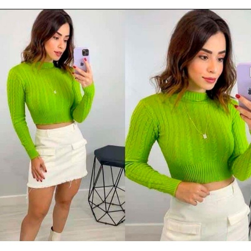 Cropped Blusa Trico Feminina Manga Longa