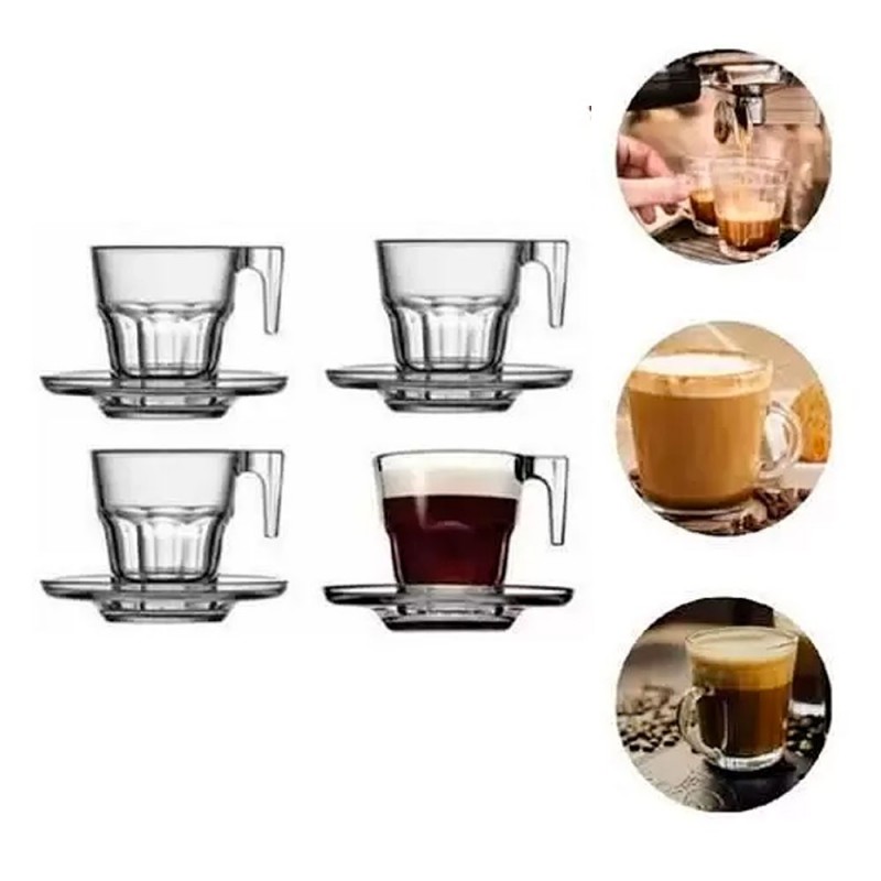 Conjunto De 4 Xícaras Para Café Chá De Vidro Com Pires 70 ML