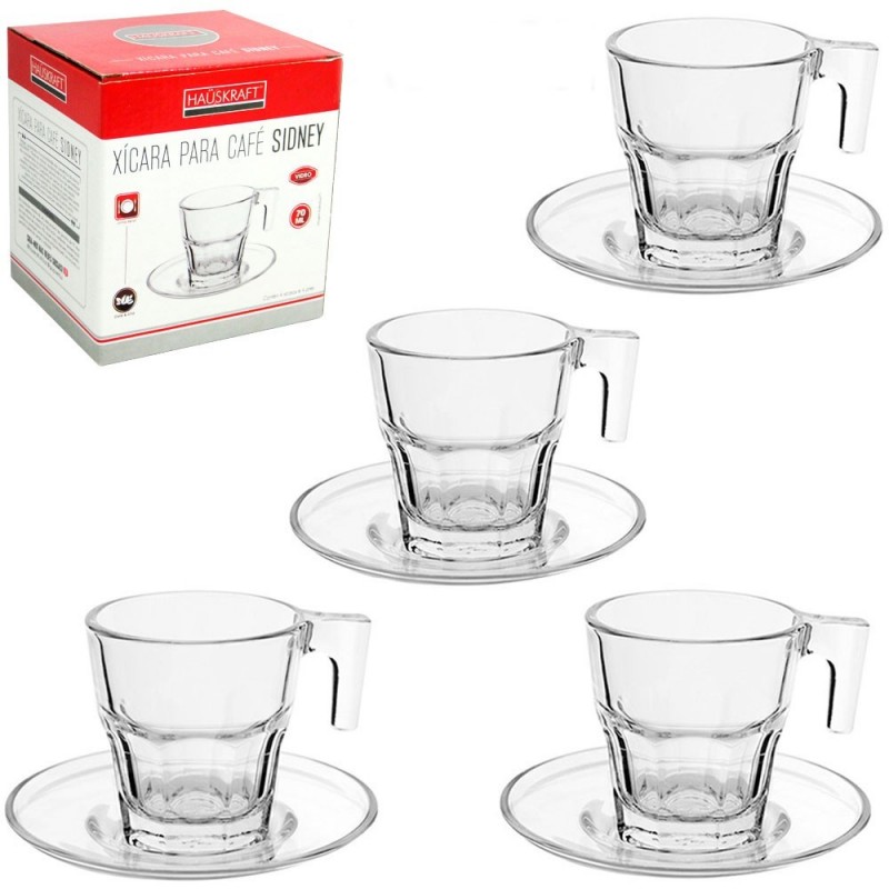 Conjunto De 4 Xícaras Para Café Chá De Vidro Com Pires 70 ML