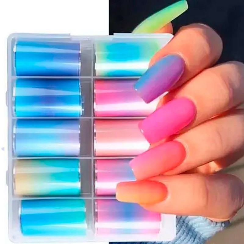 Adesivos Decorativos Para Unhas Degrade Coloridas Foil 10 Peças