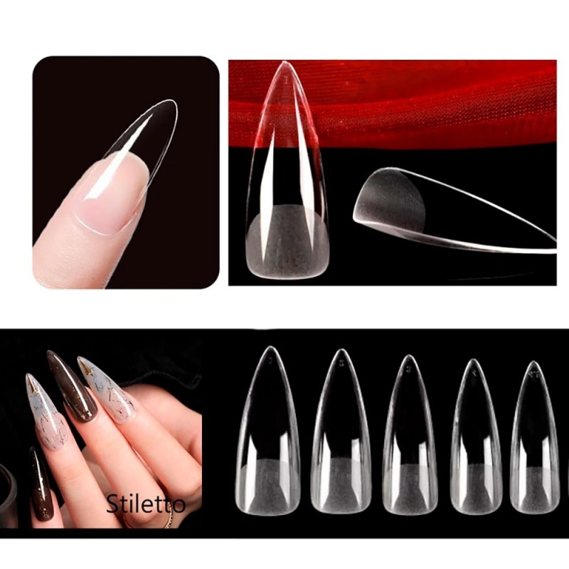 Kit Unha Postiça Stiletto Transparente 100 Peças No Estojo
