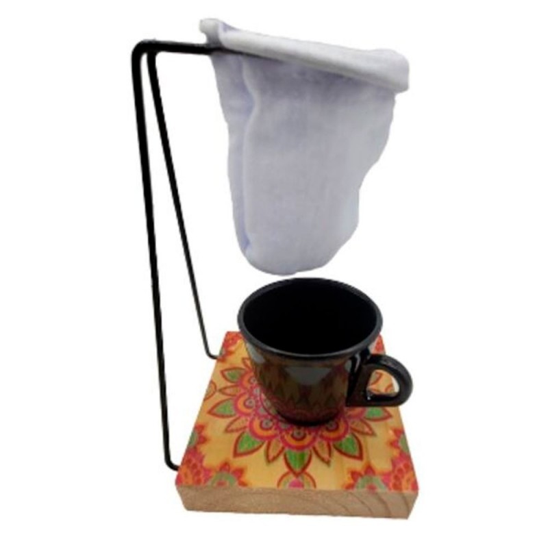 Porta Filtro Coador De Café + Xícara 80ml Base Madeira Colorido