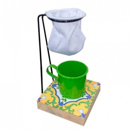 Porta Filtro Coador De Café + Xícara 80ml Base Madeira Colorido