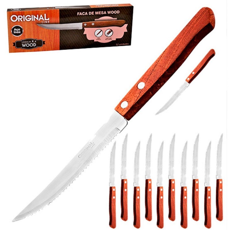 Conjunto Faca De Mesa 12 Peças Cabo Em Madeira Wood Aço Inox