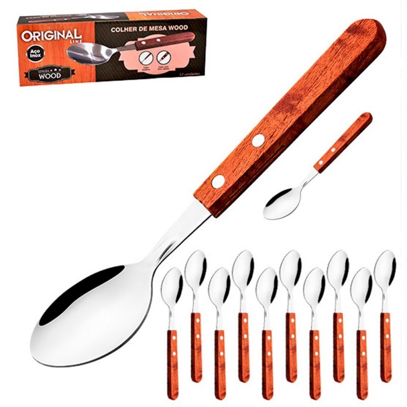 Conjunto Colher De Mesa 12 Peças Cabo Em Madeira Wood Inox