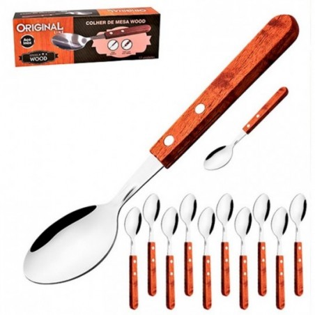 Conjunto Colher De Mesa 12 Peças Cabo Em Madeira Wood Inox