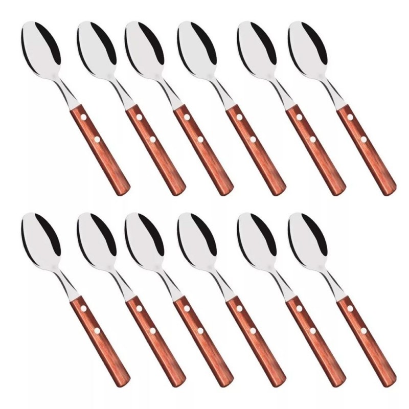 Conjunto Colher De Mesa 12 Peças Cabo Em Madeira Wood Inox