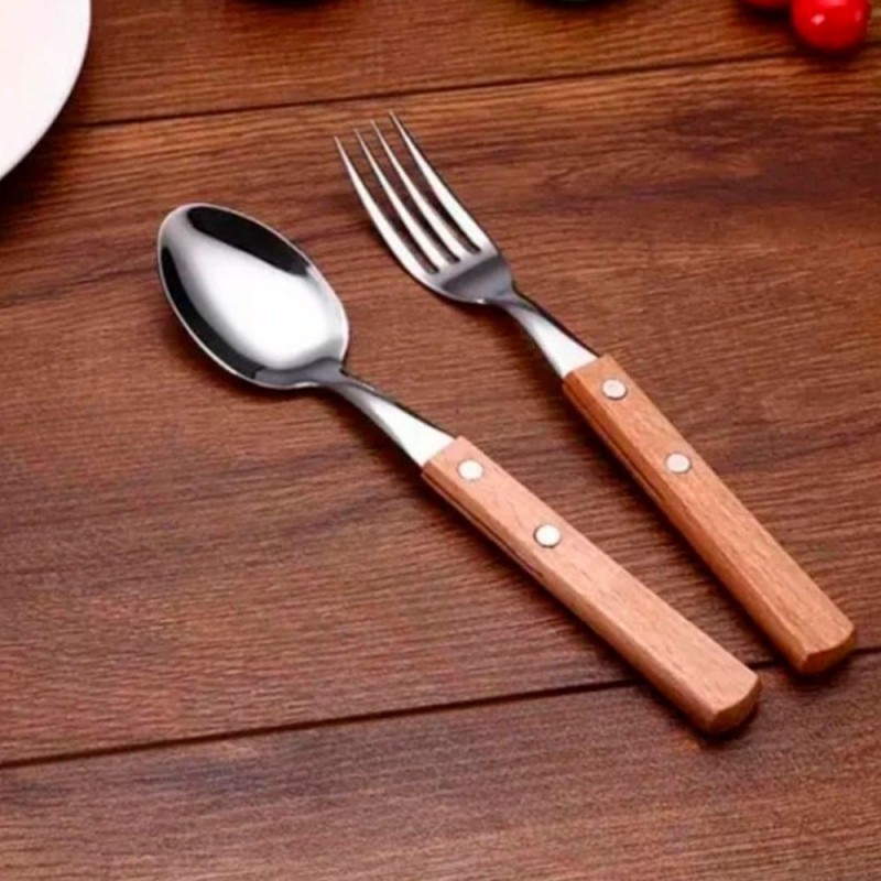 Conjunto Colher De Mesa 12 Peças Cabo Em Madeira Wood Inox