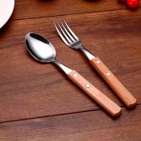 Conjunto Colher De Mesa 12 Peças Cabo Em Madeira Wood Inox