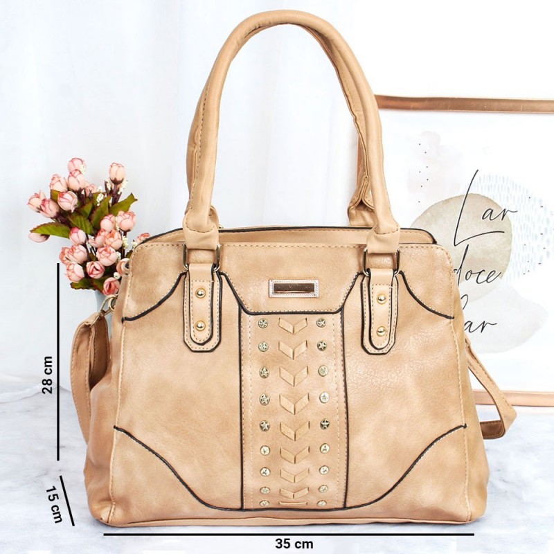 Bolsa Feminina Com 2 Repartições Detalhes Em Tachas Dourada - Compre Agora!