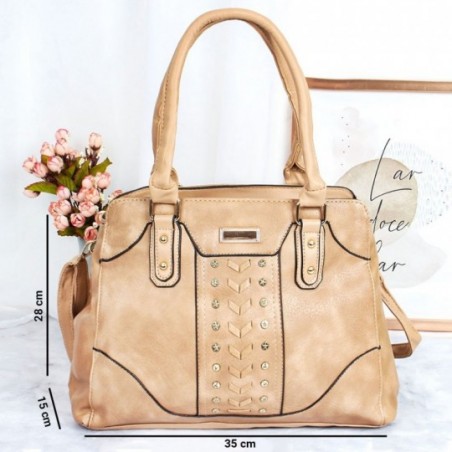 Bolsa Feminina Com 2 Repartições Detalhes Em Tachas Dourada - Compre Agora!
