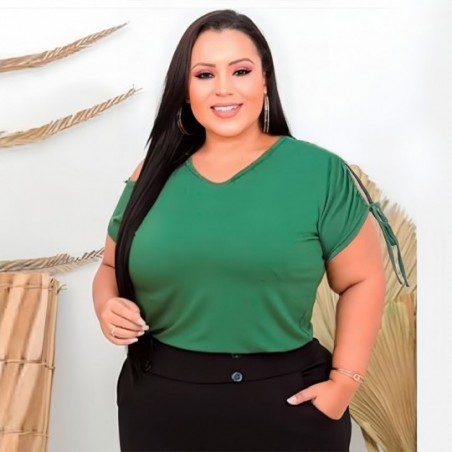 Blusa Feminina Plus Size Manga Curta Com Amarração Lisa