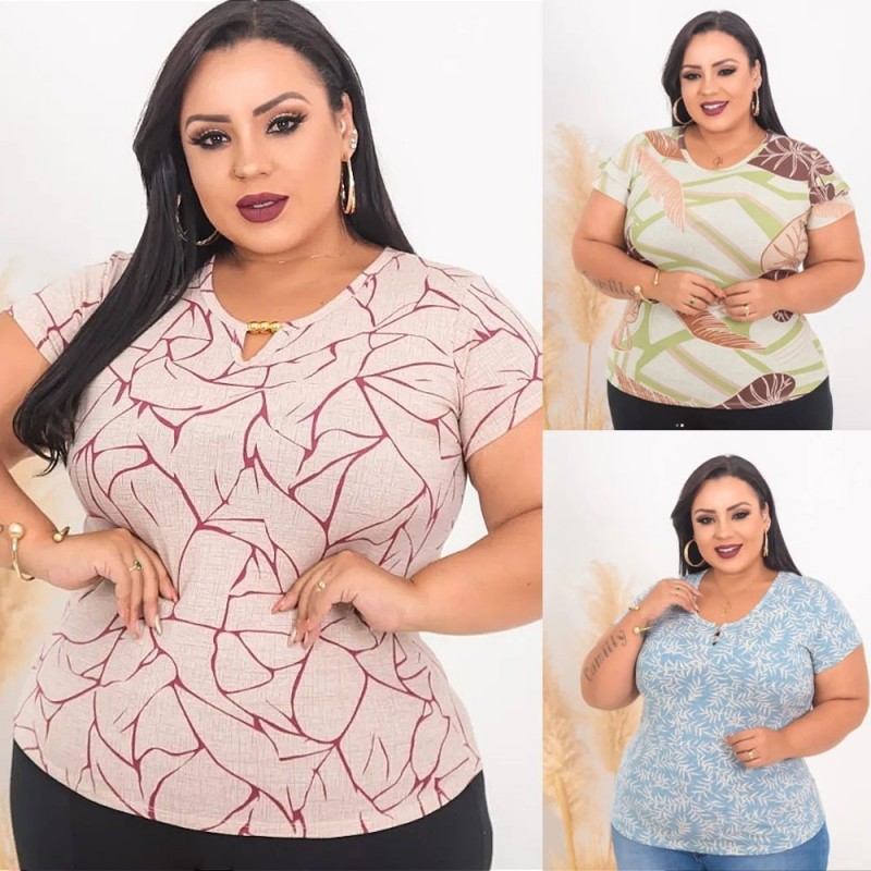 Blusa Plus Size Manga Curta Feminina Estampada Com Perolas