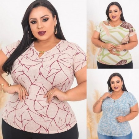 Blusa Plus Size Manga Curta Feminina Estampada Com Perolas