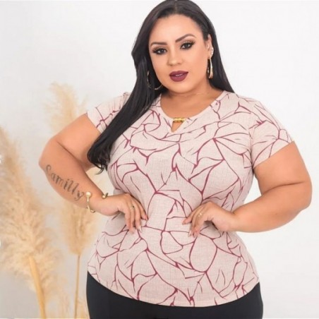 Blusa Plus Size Manga Curta Feminina Estampada Com Perolas
