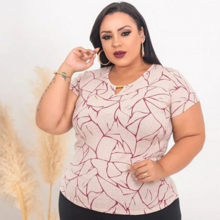 Blusa Plus Size Manga Curta Feminina Estampada Com Perolas