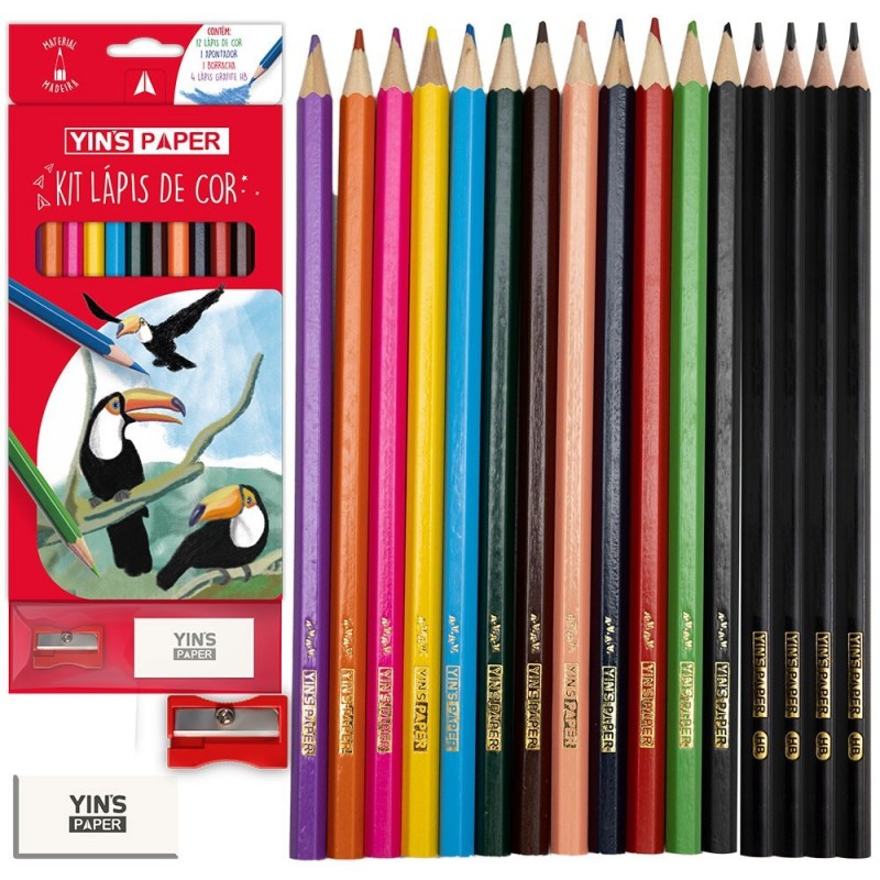 Kit Lápis De Cor 12 Cores + Borracha + Apontador + 4 Lapís Grafite HB