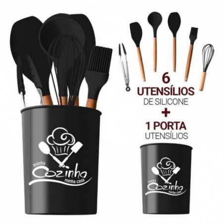 Conjunto Utensílios De Silicone Cozinha Com 7 Peças Preto - Feira da Madrugada SP