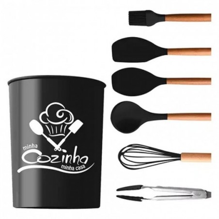 Conjunto Utensílios De Silicone Cozinha Com 7 Peças Preto - Feira da Madrugada SP