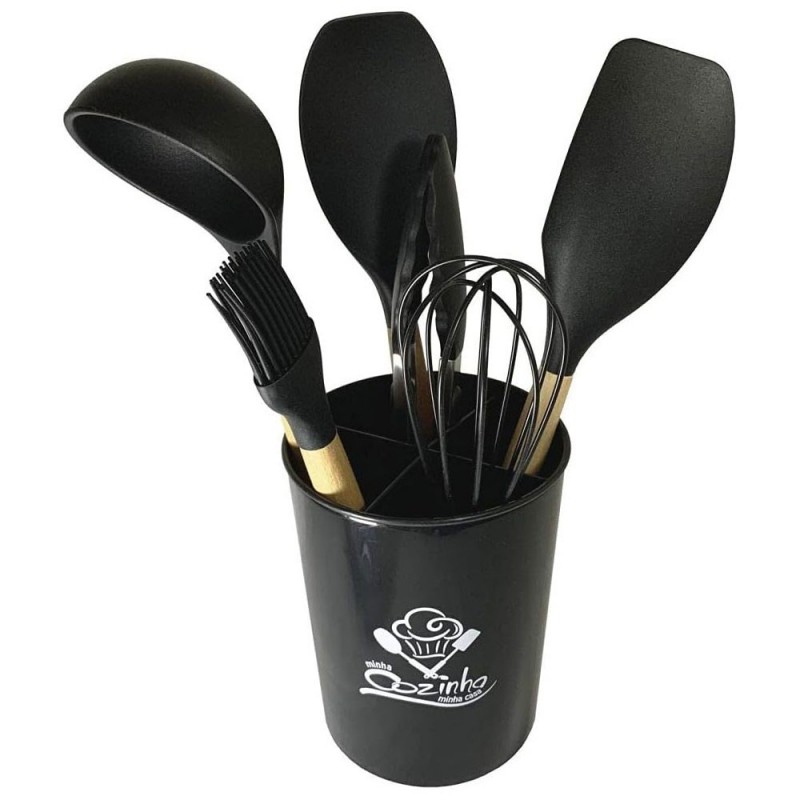 Conjunto Utensílios De Silicone Cozinha Com 7 Peças Preto - Feira da Madrugada SP