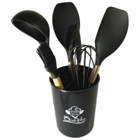 Conjunto Utensílios De Silicone Cozinha Com 7 Peças Preto - Feira da Madrugada SP