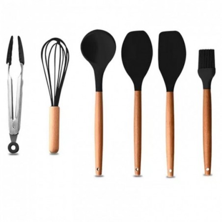 Conjunto Utensílios De Silicone Cozinha Com 7 Peças Preto - Feira da Madrugada SP