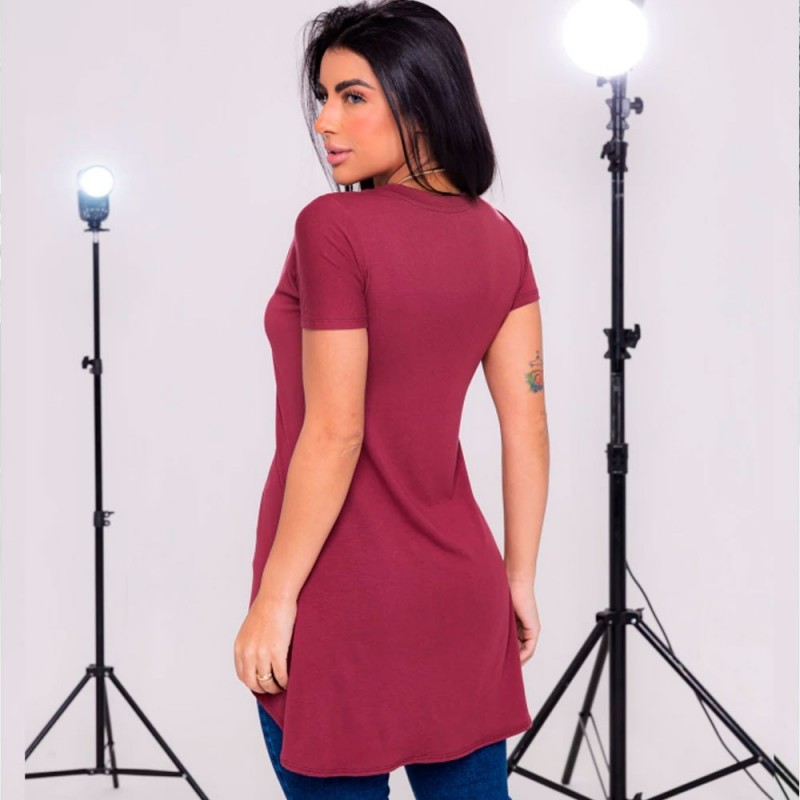 Blusa Bata Feminina Transpassada Alongada Manga Curta - Feira da Madrugada SP