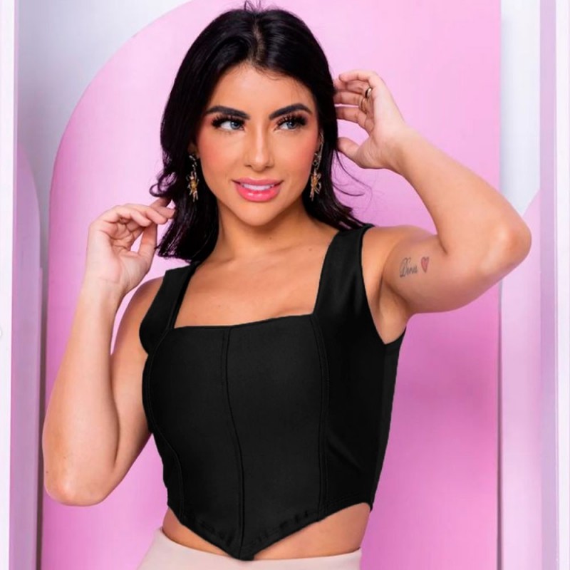 Cropped Blusa Cirre Feminina Em V Manga Regata Com Bojo  - Feira da Madrugada SP