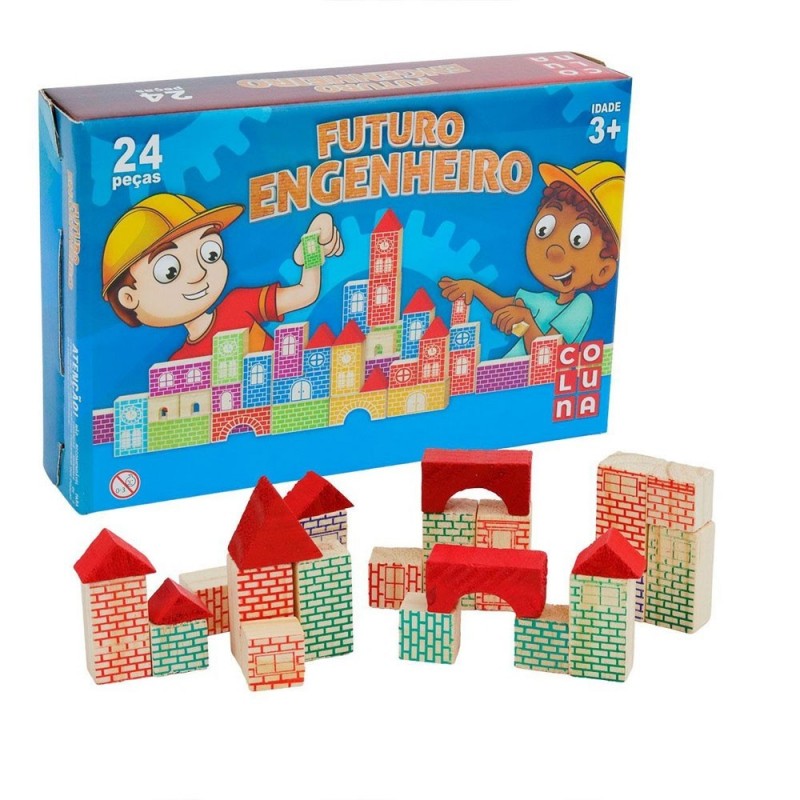Blocos de Montar 24 Peças Futuro Engenheiro Madeira Brinquedo - Feira da Madrugada SP