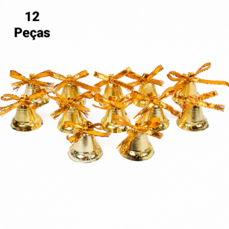 Pendente Sino Laço Dourado 12 Peças 2,6cm Enfeite De Árvore