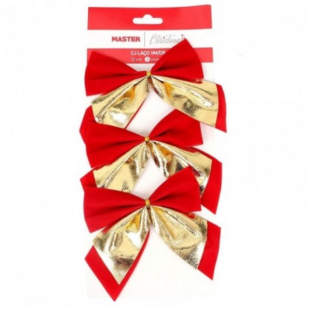Kit 3 Laços Decorativos Vermelho Dourado Enfeite Natal 12 Cm - Feira da Madrugada SP