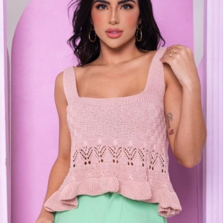 Cropped Blusa Trico Regata Com Babado E Vazados - Feira da Madrugada SP